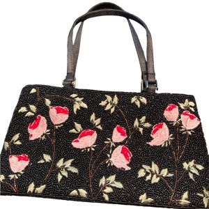 Beautiful beaded and embroidered evening bag, pink/red flower design